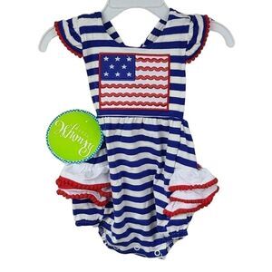 NWT Baby Girl American Flag Appliqué Striped Pom Ruffle Bubble Romper Outfit 3M